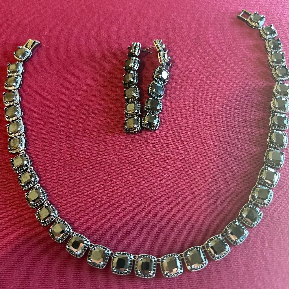 Swarovski Rhodium Plated Black Necklace and Earrings Set
